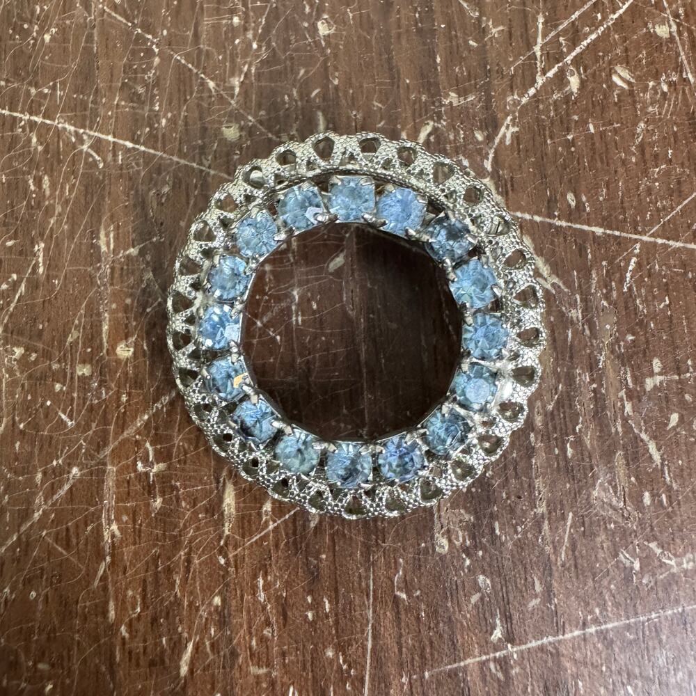 Vintage Silver filigree Style Wreath Brooch with Baby Blue Rhinestones